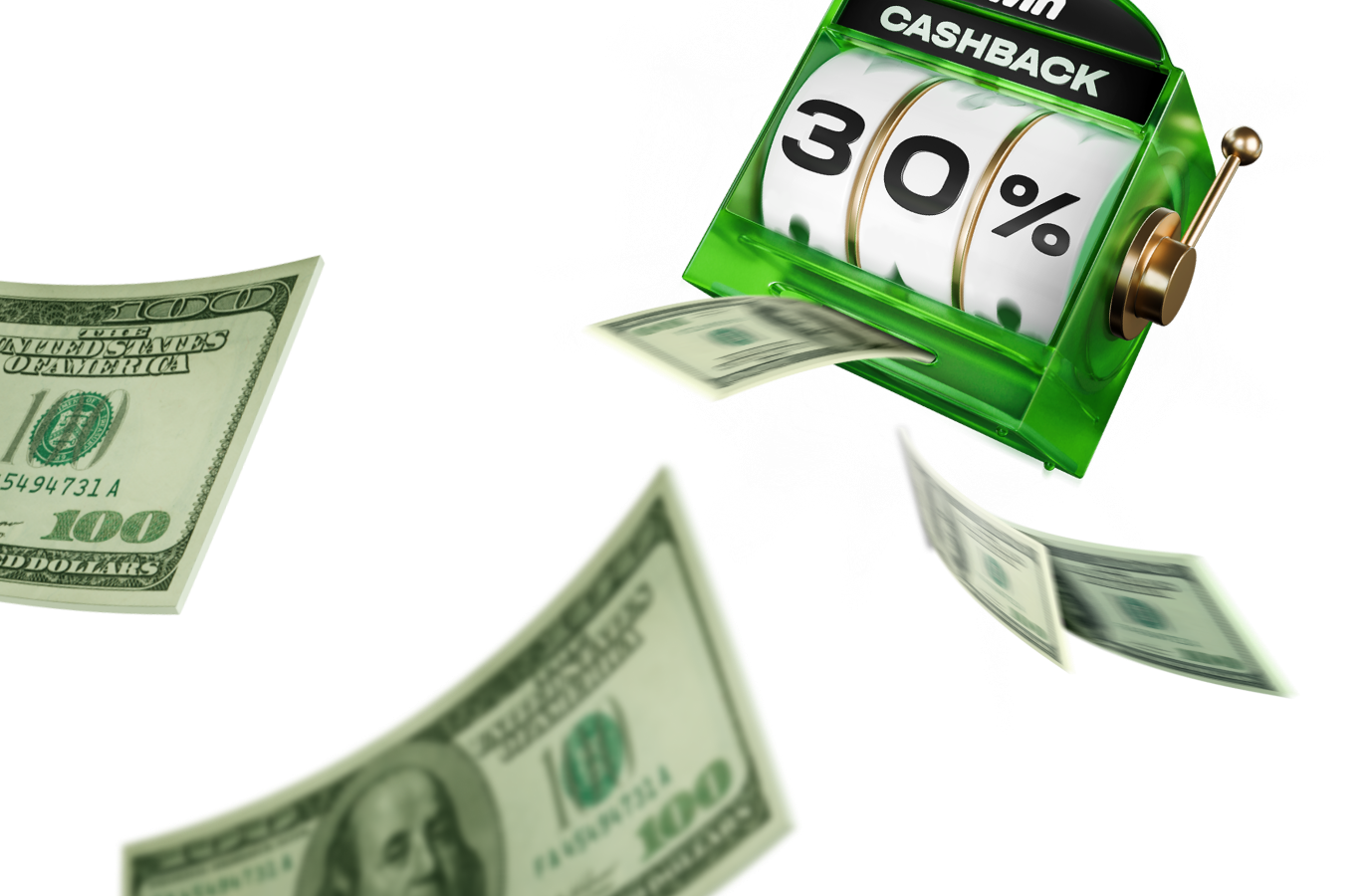 Зелёный игровой автомат 1win с надписью 30% cashback